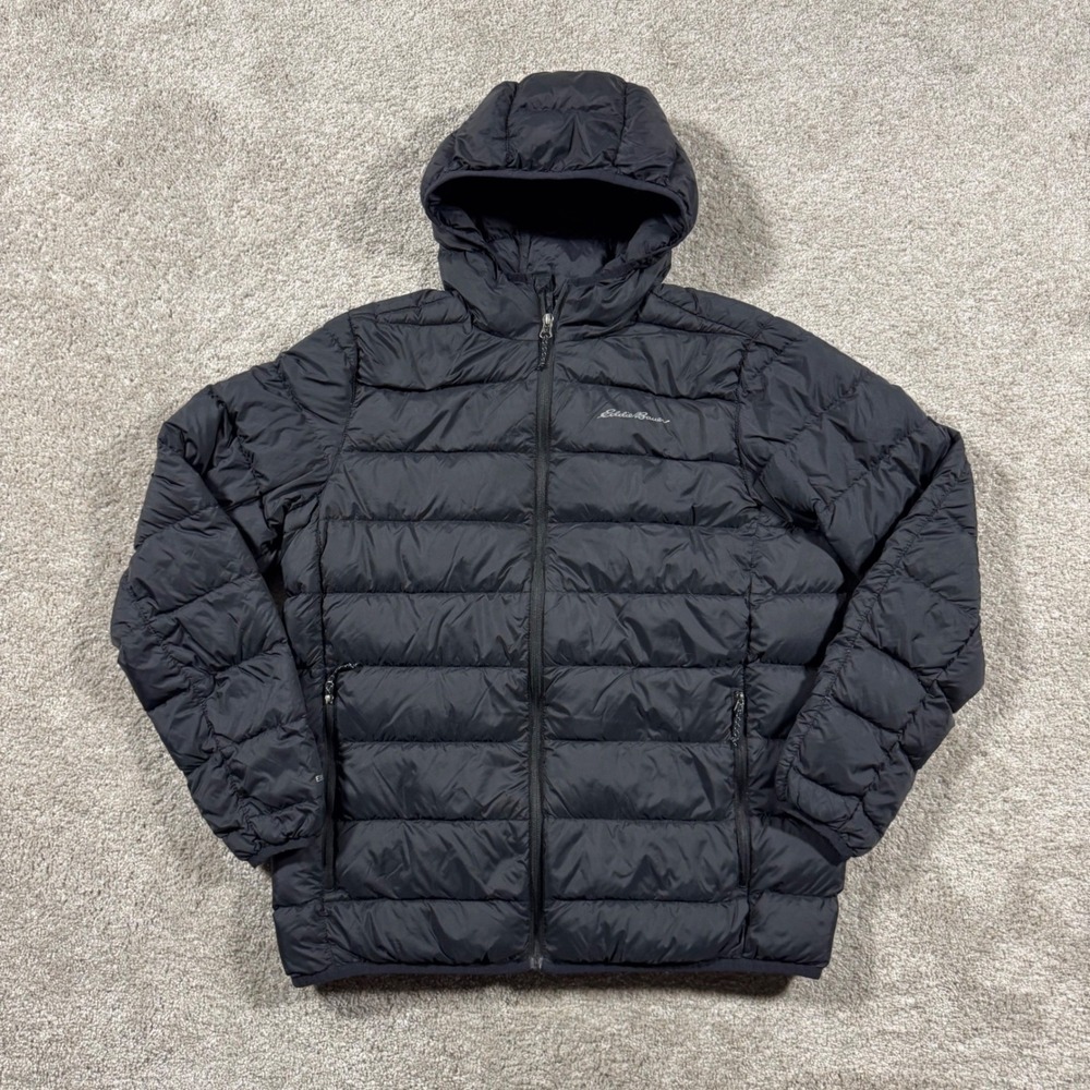 Eddie Bauer Mens EB650 Down Hooded Puffer Jacket Black Quilted Full Zip Medium